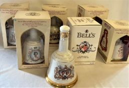 6 boxed Bells Whisky commemorative decanters, including Prince Charles and Lady Diana Spencer, Queen