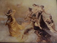 Crystoleum in elaborate gilt frame after Edouard Bisson depicting six maidens in flowing gowns