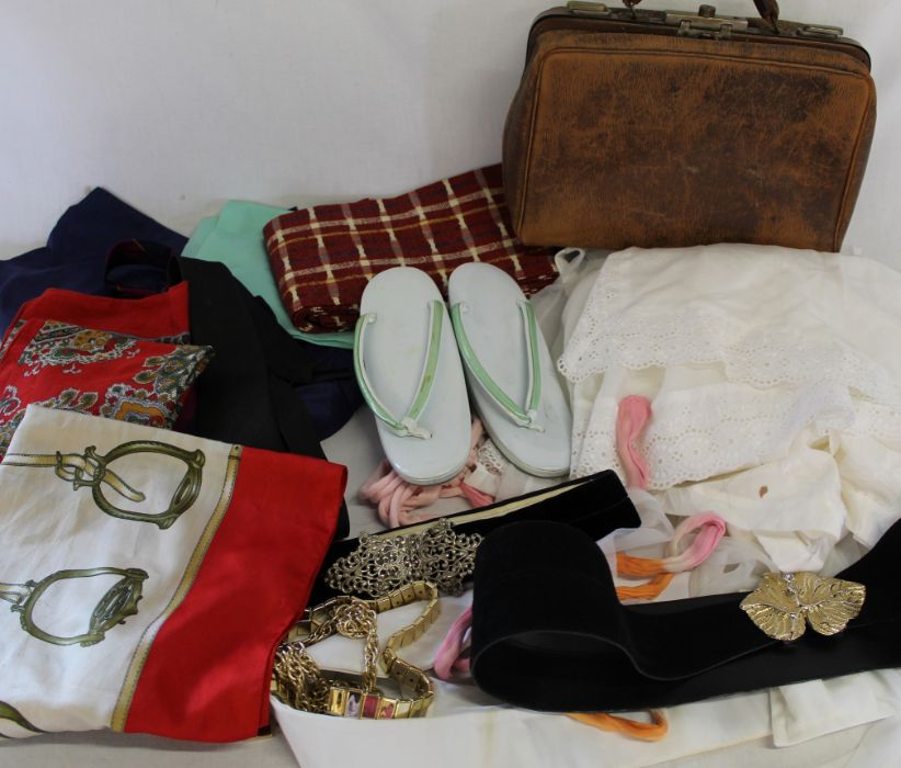 Italian scarf, nurses belt & 3 others, sandals, small leather Gladstone bag etc.