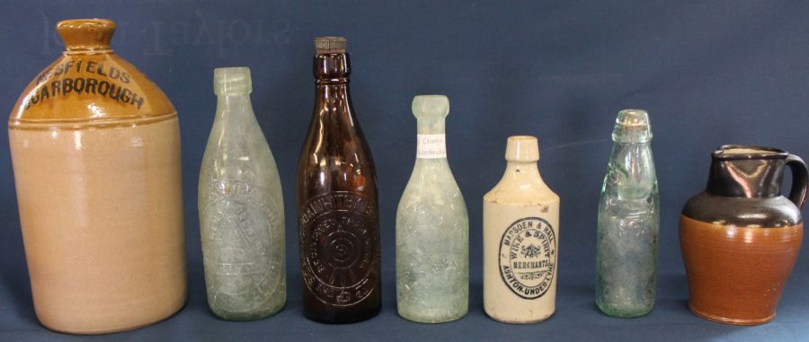 Stoneware flagon Nesfields Scarborough, Codd bottle Seth Senior & Sons Shepley, 4 beer bottles &