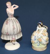 Two Goldscheider figurines signed Lorenzl - standing lady 19cm & seated lady tying her shoes 10.5cm