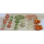 Selection of dressing table glassware, including pink, orange and green coloured glass
