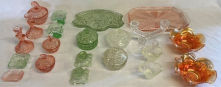 Selection of dressing table glassware, including pink, orange and green coloured glass