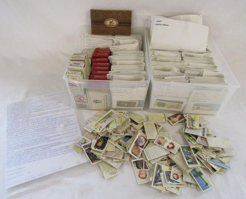 Large collection of cigarette cards includes transfers, military and RAF with itemised sheet,