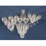 Crystal brandy glasses, short tumblers and wine glasses with glass decanter