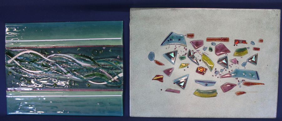 2 abstract glass panels, one signed Emma Wood (20th century British) largest 54.5cm x 40cm