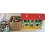 Wooden dolls house (been stored), 3 boxes of accessories and 3 dolls