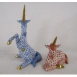 2 Herend Hungary unicorn fishnet figurines blue and orange