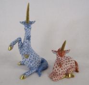 2 Herend Hungary unicorn fishnet figurines blue and orange