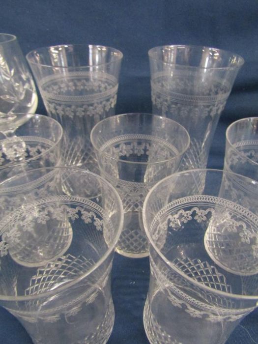 Collection of glassware includes tall twisted stem glasses, etched drinking glasses, stemmed - Image 7 of 7