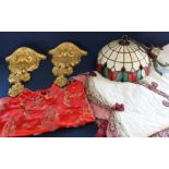 Tiffany style ceiling lamp, modern bed spread, Chinese red dress & 2 resin corbels