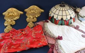 Tiffany style ceiling lamp, modern bed spread, Chinese red dress & 2 resin corbels