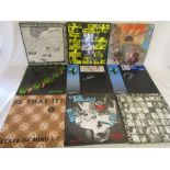 A collection of approximately 42 LP records, including GBH, State of Mind, Stiff little fingers,