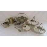 Collection of silver plate handled dishes, tea set, sugar bowl with tongs in lid and a decorated