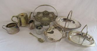 Collection of silver plate handled dishes, tea set, sugar bowl with tongs in lid and a decorated