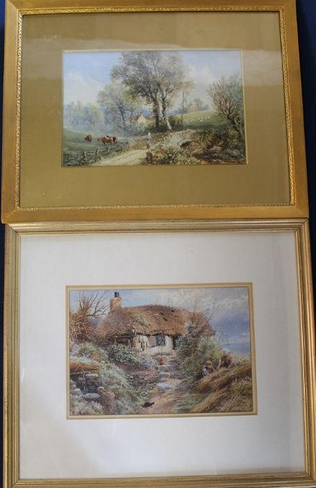 Gilt framed watercolour depicting thatched cottage and children tying hay stooks bearing monogram