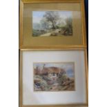 Gilt framed watercolour depicting thatched cottage and children tying hay stooks bearing monogram