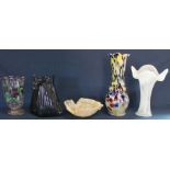 Large Murano type glass vase 37cm, smoky glass owl vase, 2 other glass vases & opaque glass dish