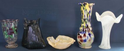 Large Murano type glass vase 37cm, smoky glass owl vase, 2 other glass vases & opaque glass dish