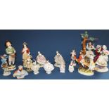 Selection of 20th century Continental figurines including Dresden lace & pseudo Sevres
