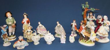 Selection of 20th century Continental figurines including Dresden lace & pseudo Sevres