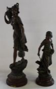 Two spelter figurines on plinths "Porteuse D'eau" 71cm tall & "Retour A L Ferme" after Moreau 48cm