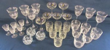 6 Babycham glasses, crystal tumblers and wine glasses and 3 glass paper weights