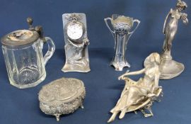 Art Nouveau style decorative pieces including pocket watch stand, vase & figurine, German clear