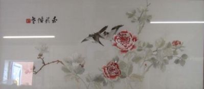 Framed Japanese silk panel with flowers and birds - approx. 94cm x 51cm