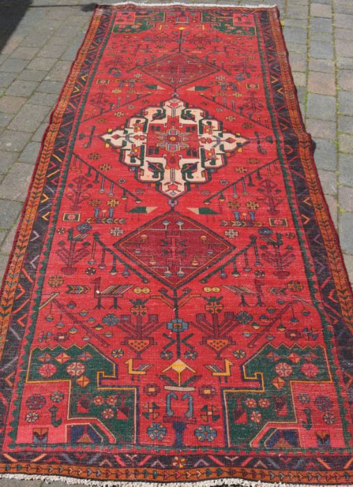 Rich red ground & emerald green full pile Persian lori carpet 310cm by 126cm - Image 3 of 3