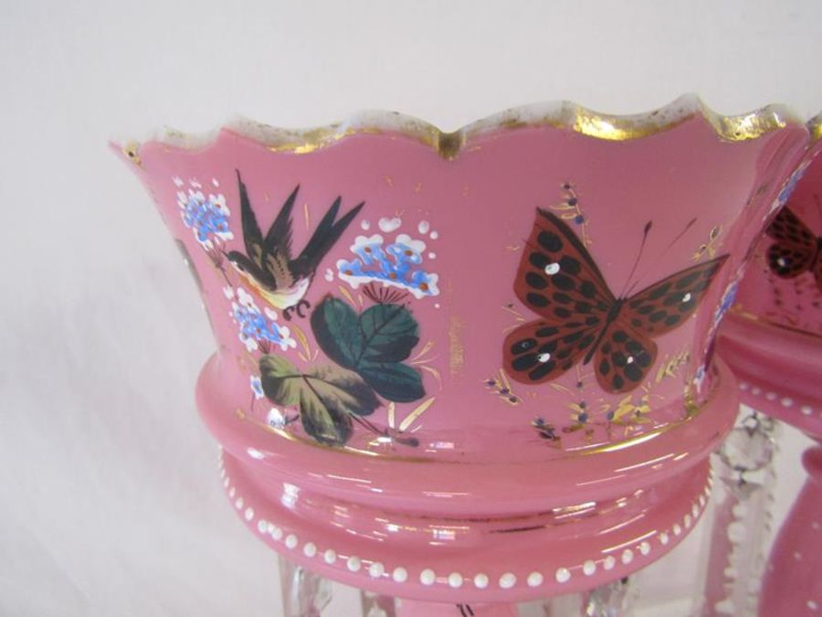 Pair of pink glass lustres painted with birds and butterflies - approx. 37cm tall - Image 3 of 5