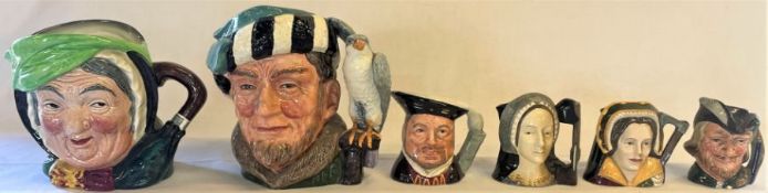 2 large Royal Doulton toby jugs - The Falconer D6533 and Sairey Gamp and 4 smaller - Henry VII