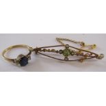 9ct gold Edwardian brooch with peridot and seed pearl 2.5g and tested at 15ct gold spinel and