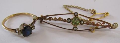 9ct gold Edwardian brooch with peridot and seed pearl 2.5g and tested at 15ct gold spinel and