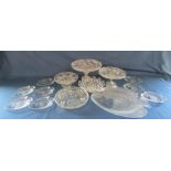 Collection of stemmed glass plates also fish platter with side plates