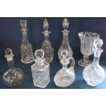 Cut glass celery vase & seven 19th century & later glass decanters