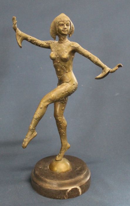 After Demetre Chiparus, Art Deco style bronze modelled as a female dancing Jester, raised on a