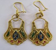 Egyptian gold earrings with enamel decoration marked and tested as 18ct gold - total weight 6.2g