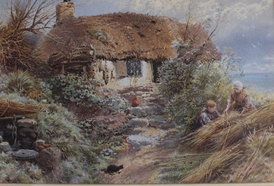 Gilt framed watercolour depicting thatched cottage and children tying hay stooks bearing monogram - Image 2 of 9