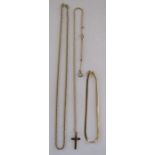 2x 9ct gold necklaces one with cross pendant and a tested as possibly 15ct bracelet - total weight