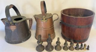 2 copper watering cans, R.A. Lister & Co Ltd coopered bucket and a set of bell weights