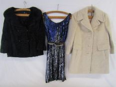 Fur jacket, Llama wool coat and sequin flapper dress with White Horse Whisky coat hangers