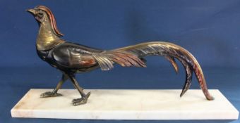 French Art Deco style pheasant on marble plinth 50cm wide x 25cm high