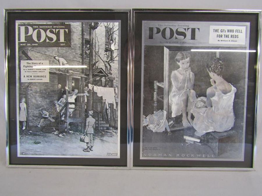 2 framed Saturday Evening Post modernist pictures - approx. 48cm x 38cm