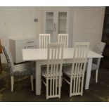 Modern white dining room suite, comprising dining table and 6 chairs, sideboard and display cabinet