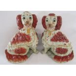 2 similar large Staffordshire style fireside spaniels - approx. 36cm - one showing firing cracks