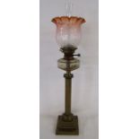 Hinks No2 lever brass column oil lamp with glass oil reservoir and etched glass shade - total height