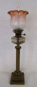 Hinks No2 lever brass column oil lamp with glass oil reservoir and etched glass shade - total height