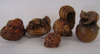 5 wooden netsuke, signed - mice, chicken, crab on a shell and man's face