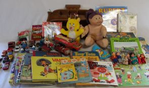 Selection of vintage toys including Cabbage Patch doll, Rupert Nutwood Chums record, wooden jigsaw